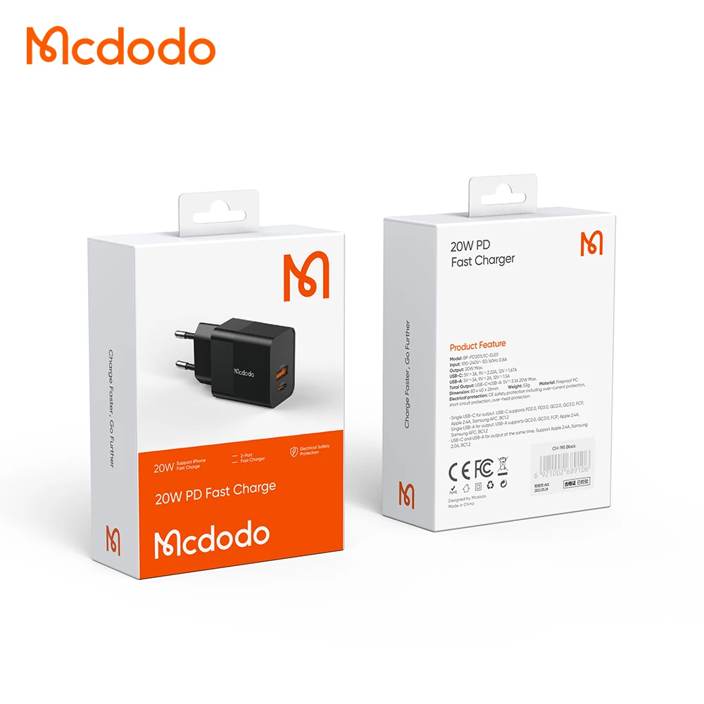 Mcdodo Eu CE Plug 20w dua Port USB pengisi daya PD blok pengisian cepat  USB-C A 20W 18W pengisi daya cepat untuk iPhone Android