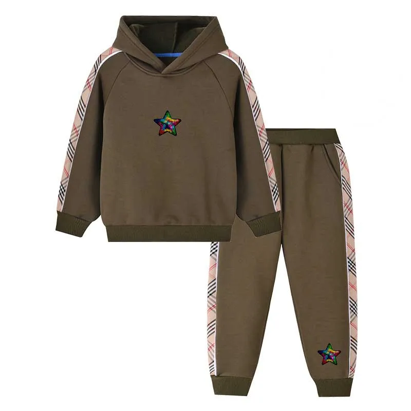 Wholesale Composite Velvet Winter Pullover Hoodies Two Piece Children's Clothing Set for Girls