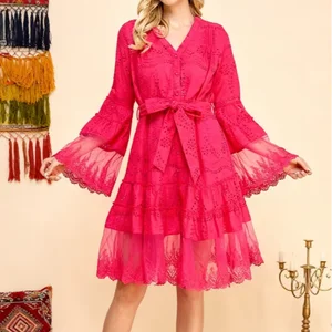 Women's 100% Cotton A-Line Knee-Length Gown Flare Sleeves High Waist Lace Belt Button Drawstring Sweet Style Spring Autumn