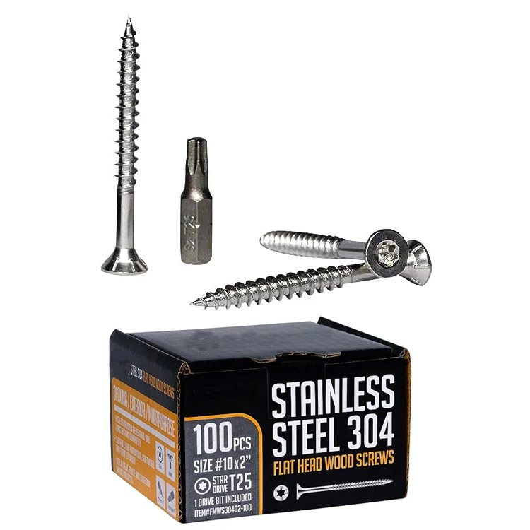 #10 x 2 Inch Stainless Steel Deck Screws - 100 Pieces, Stainless Steel Flat Head Drywall Screws with T25 Star Drive Bit