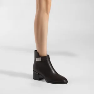 Moncheer Women's Black  Block-Heel Ankle Boots with Metal Buckle Strap