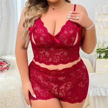 Fat Women's Sexy Plus Size High Quality Lace Embroidered Nightdress See-Through Underwear and Shorts Lingerie Set