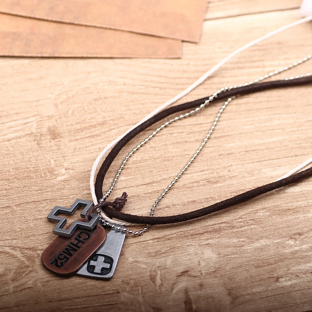 The New Cowhide Necklace Rope Retro Personality Leather Cross Pendant  Jewelry Three Layer Necklace for Men