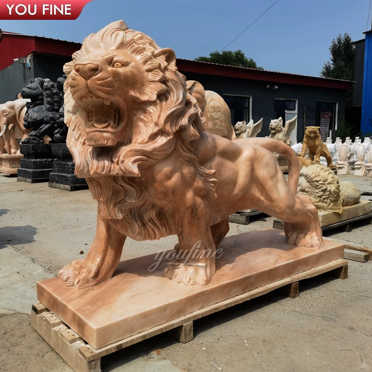 Outdoor Garden Hand Carved Life Size Red Marble Stone Lion Statue ...