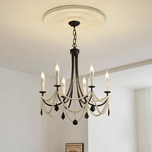 French Retro Crystal Chandelier American Black Pearl Adjustable Iron for Bedroom or Living Room with Middle AC Availability