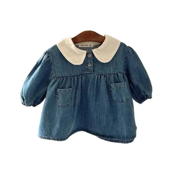 Autumn baby girl children & baby cute loose lapel long sleeves soft Denim dress top