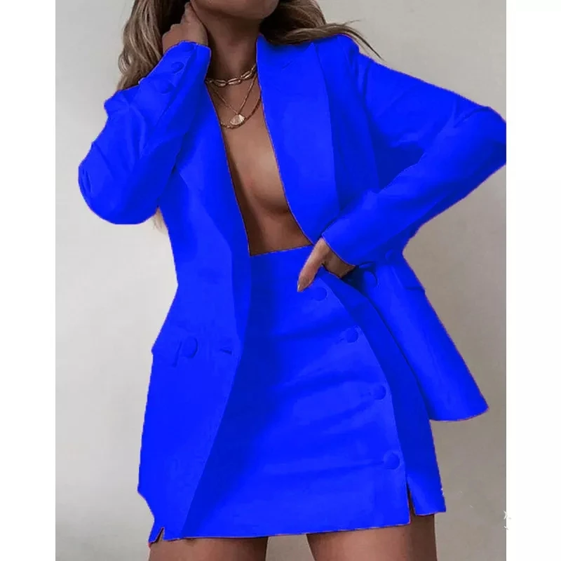 BL302 New 2022 Fasion trend Plus Size Solid Color Women Office Blazers And Dress Two Piece Set