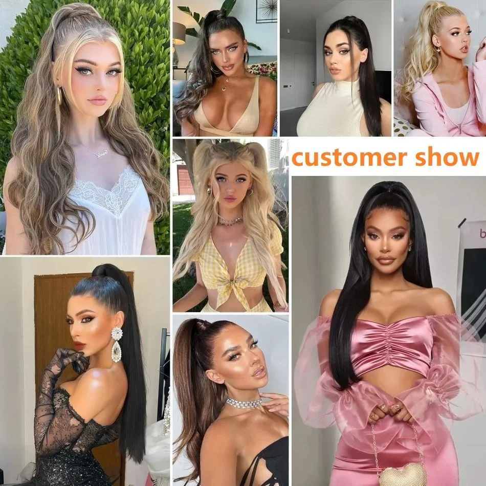 Drawstring Ponytail Straight Remy Human Hair Brazilian Hair Ponytail With Clips 1 Piece Natural Black 16-26 Inch Women Hairpiece_voghion.com