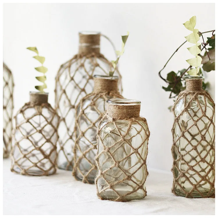 Decorative Flower Vase with Creative Rope Net - Rustic Glass