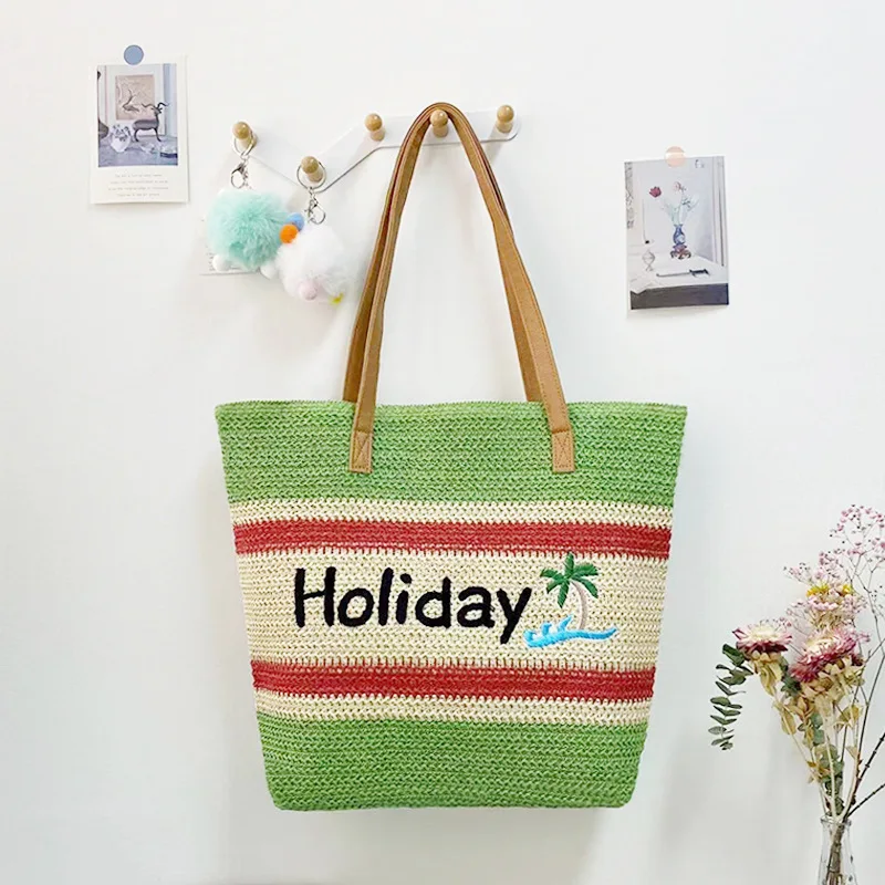 Multi-functional Weave Paper Female Holiday Seaside Beach Tote Bag Fashion Stripe Ladies Straw Shopp