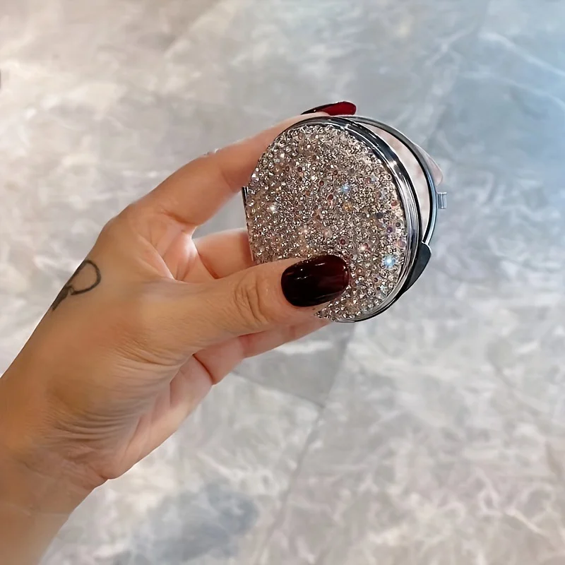 Heart-Shaped Compact Mirror Small Foldable Handheld Makeup Mirror With Sparkling Rhinestones