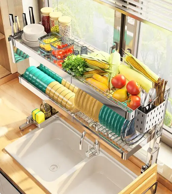 304 Stainless Steel Kitchen Sink Storage Rack Retractable Bowl Air ...
