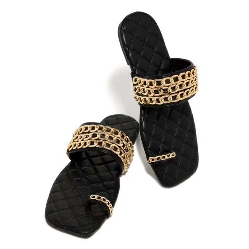 2021 New Arrival Summer Gold Chain Link Toe Loop Woven Open Square Toe  Flat Slide Sandals for Ladies Women Girl