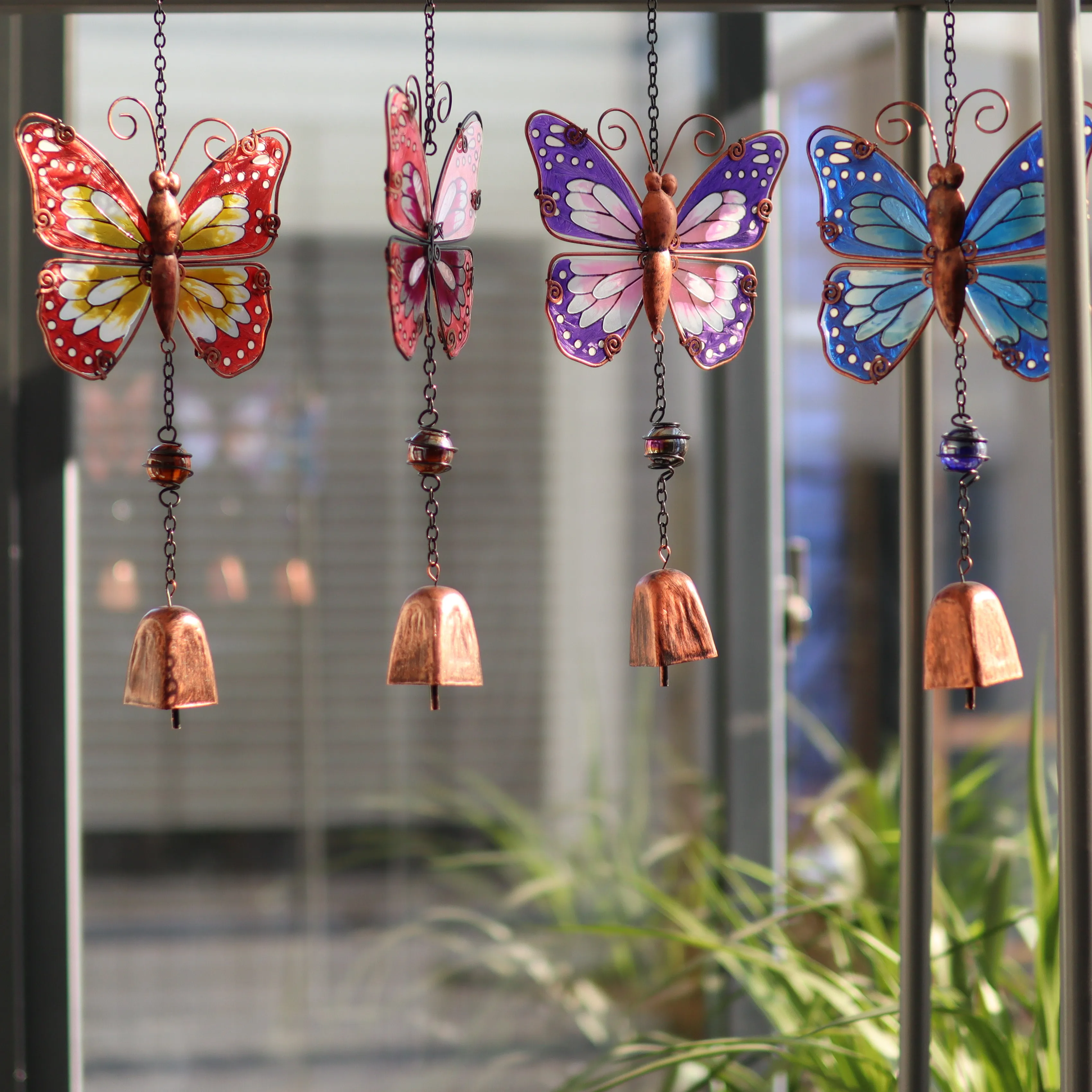 Liffy Set of 4  Indoor Outdoor Glass  Metal Butterfly Bell Hanging