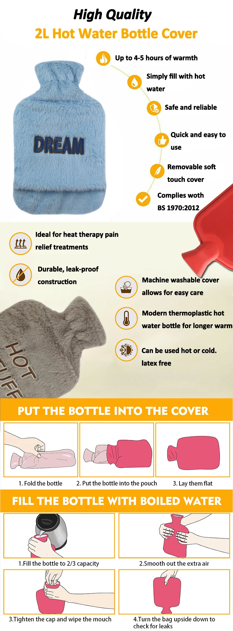 custom 2l fluffy heat pack hot water bottle portable warmer winter with insulating cover and pocket for hands