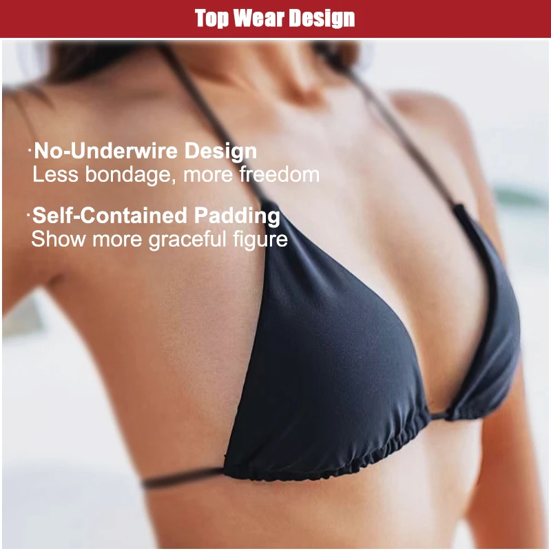 Pure Color 2 Pieces Triangle Open Swimsuit Drawstring Fasten Simple Woman Swimwear Bikinis