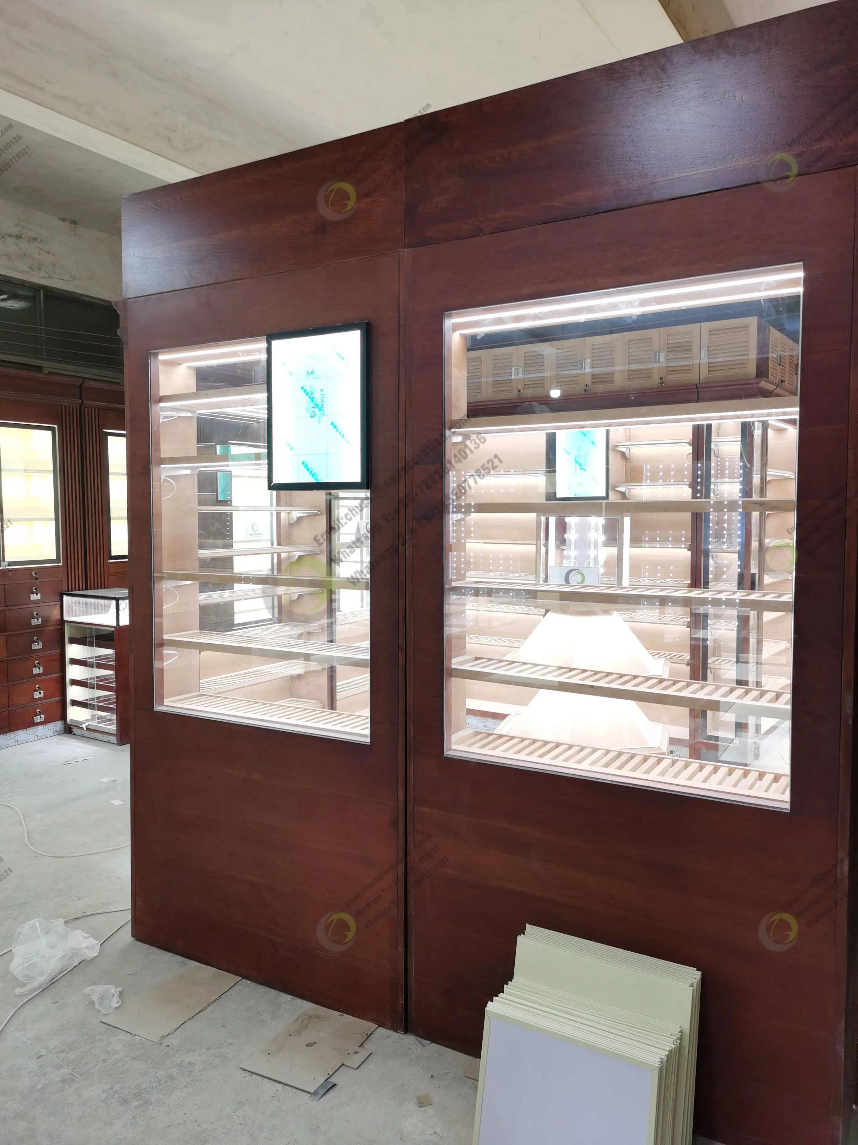 Wooden Cigar Showcase Display Mirror Black Double Glass Display