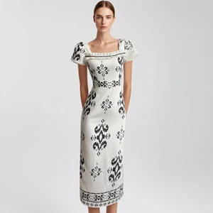 Black-White Patterned Square Neck Dress, Puff Sleeve Ruffle Trim Midi Dress