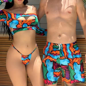 2026 New Sexy Print Long Sleeve Cutout Two Piece Couple Bikini Beachwear High Neck Swimsuit Women Micro Mini Thong Swimwear