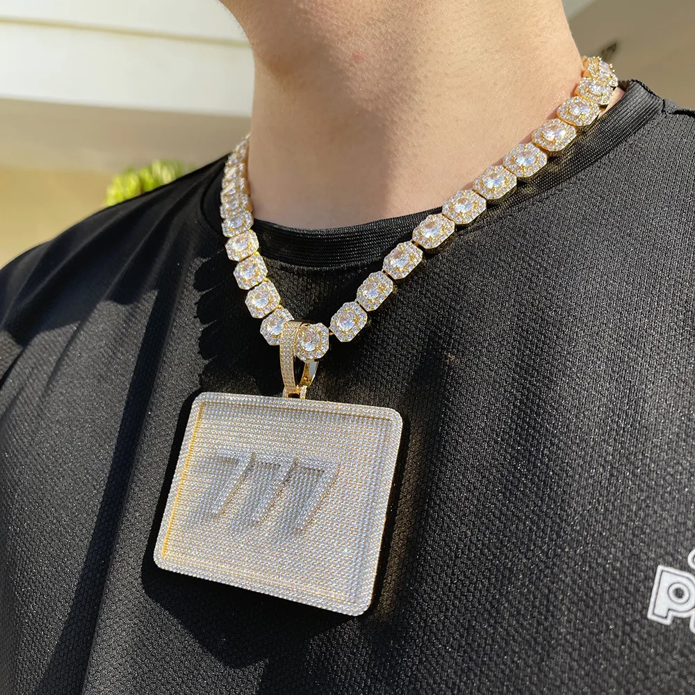 Customizable Name Letters Men Hip Hop 8cm Rectangle Full Iced CZ Diamond Pendant Necklace Big Size Link Chain
