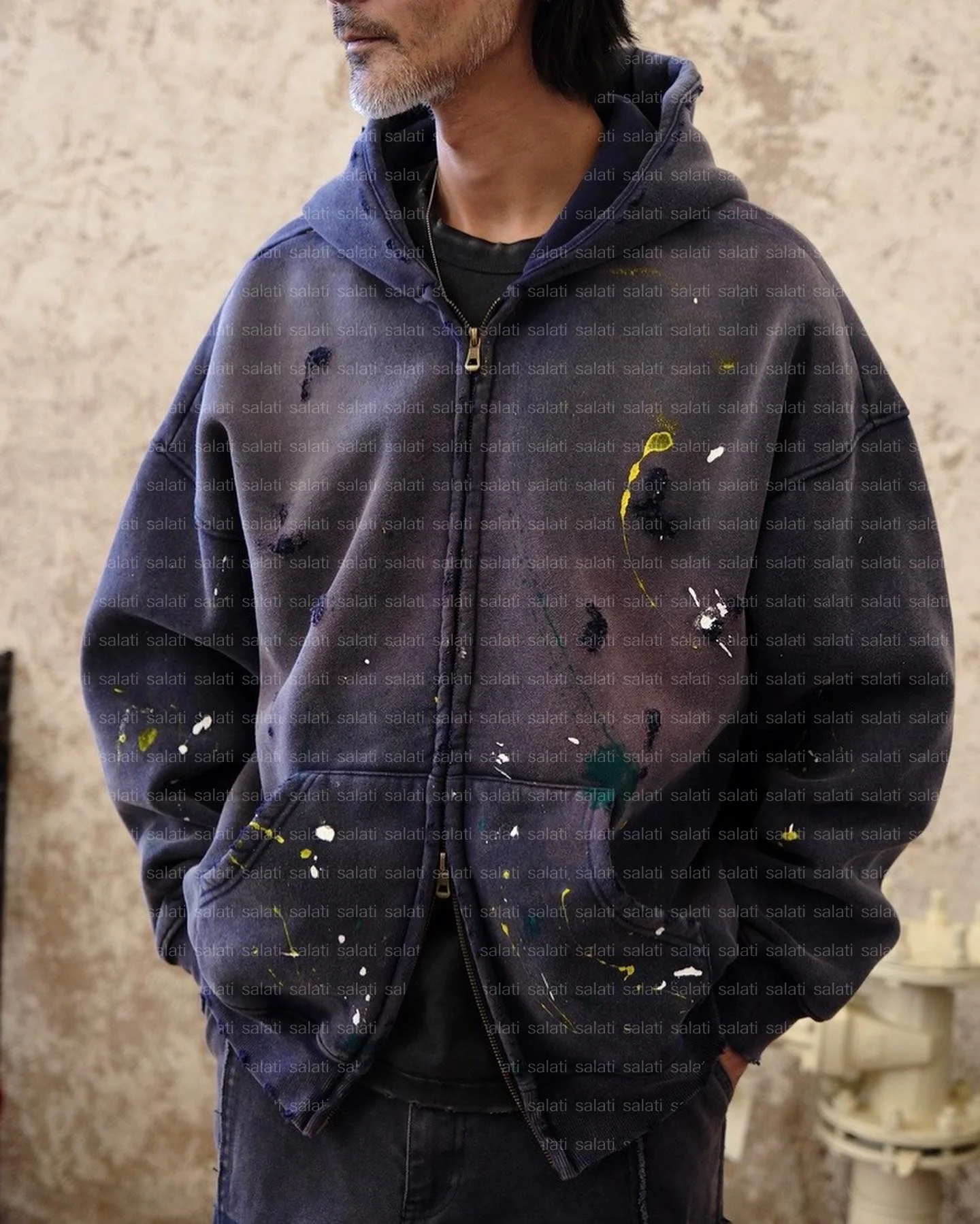 Custom Sun Faded Paint Spatter Cotton French Terry Thick Double Zip up Oversized Acid Wash Vintage Jacket Hommes Hoodies for Men
