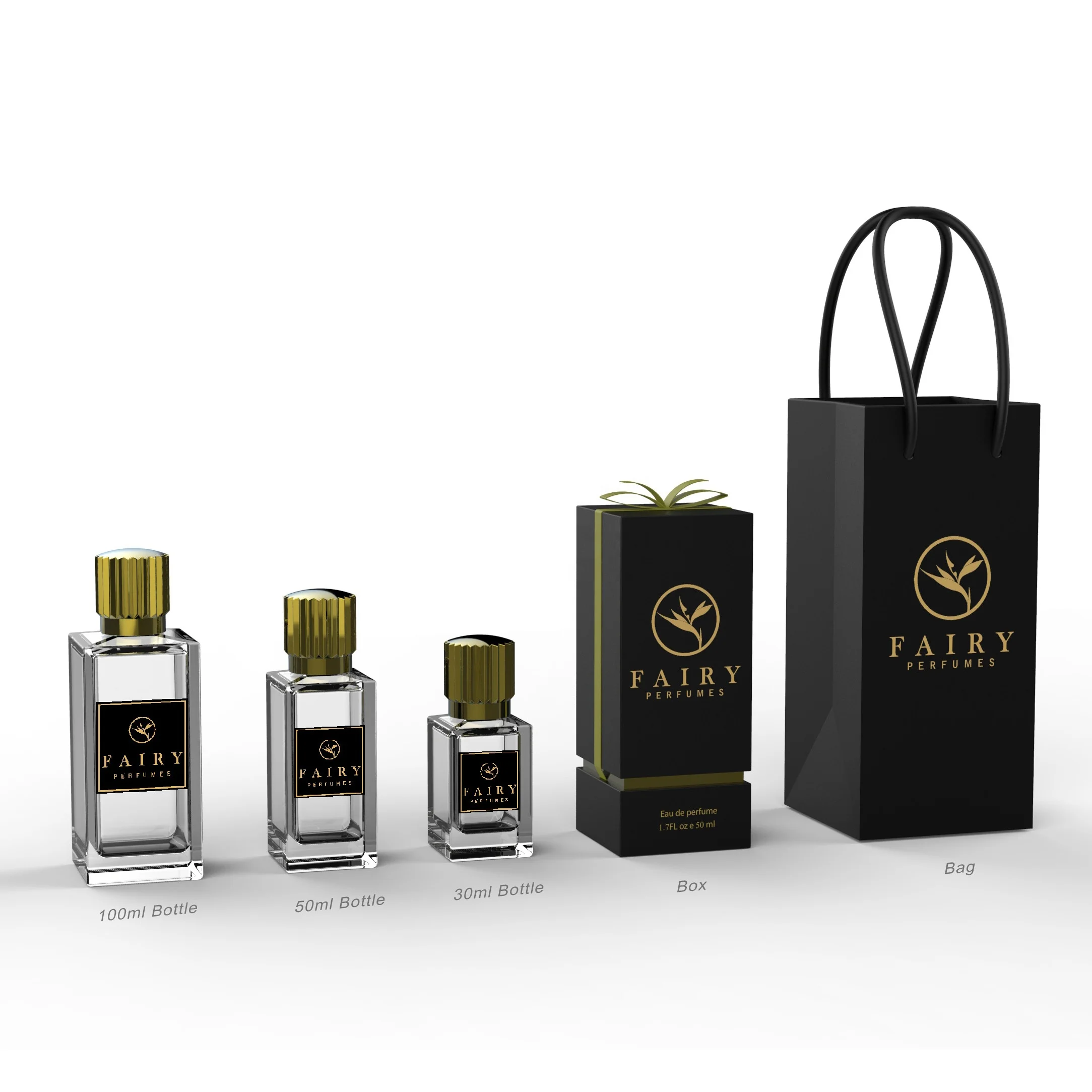 Empty square Rectangle Glass Bottle 30ml 50ml 100ml Perfume Bottle with Gold Silver Cap with Paper Box Paper Bag Set