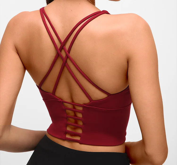 QOQ Sports Bras for Womens Criss Cross Back Strappy Yoga Bra with Removable  Cups Backless Light Support Workout Tops Deep Burgundy XS at  Women's  Clothing store