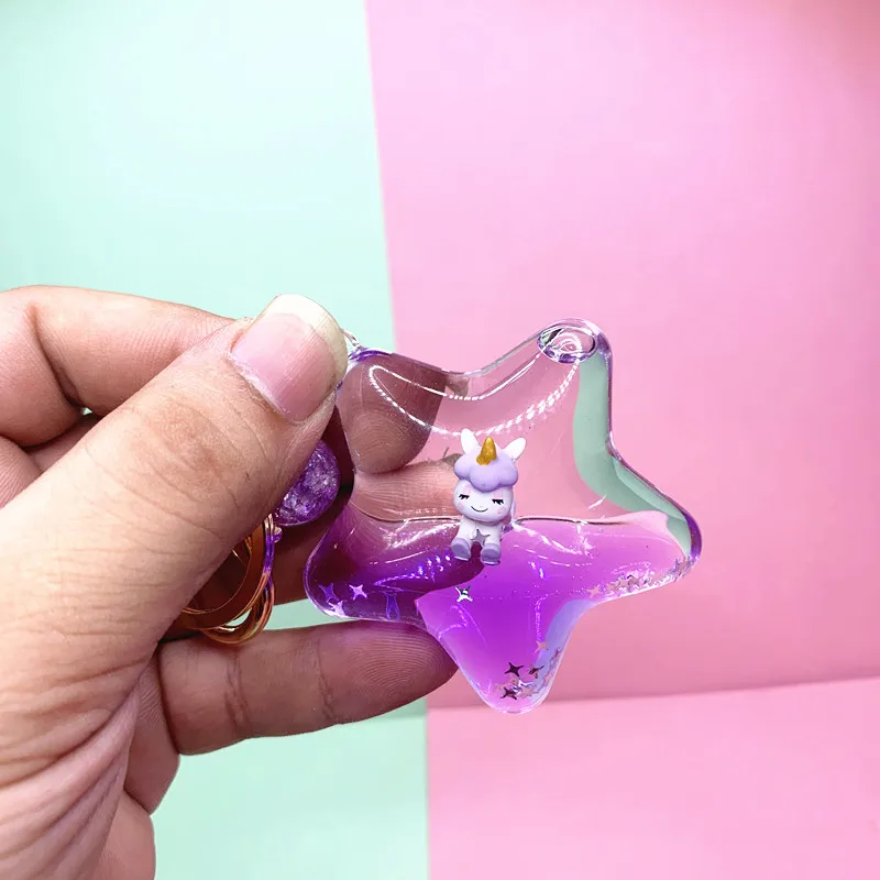 Insかわいい五芒星ユニコーン韓国の人気の異なる形状の素材液体状態のキーホルダー Buy クリアプラスチックゲル液体フローティング水キーリング小さなプラスチック形状とスパンコールグリッターインサイド ふわふわポンポン毛皮ラクーンポンポンpomsキツネの毛皮の