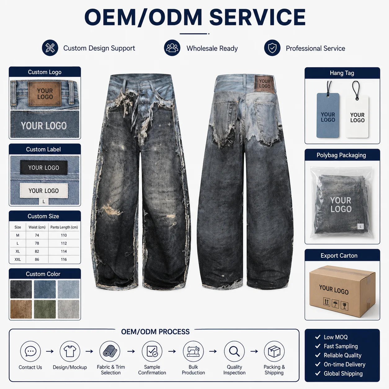 Men's Autumn Denim Printed Heavyweight Washed Knife Pants High Street Style Wide Leg Jeans
