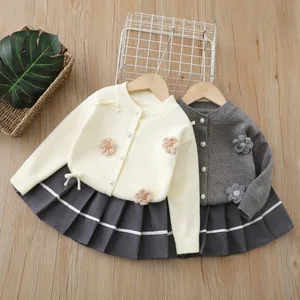 Autumn Winter New Girls' Casual Worsted Cardigan Sweater Set Handcrafted Floral Two-piece Set