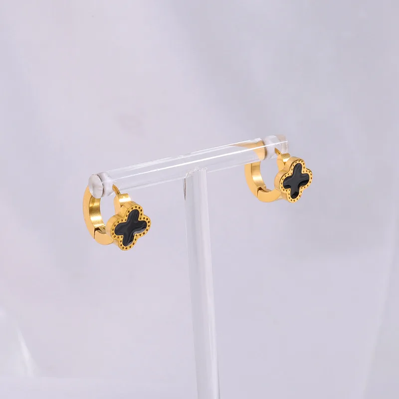 Diamond-Set Four-Leaf Stainless Steel Earrings