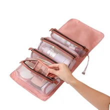 Ins detachable 4 pcs mesh zipper pouch roll up travel toiletry bag beauty makeup storage organizer pink nylon cosmetic bag