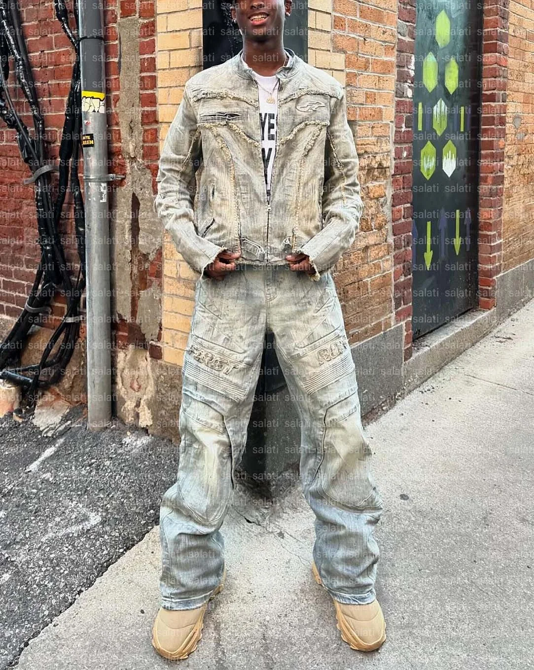 Salati Two Piece Pant Set Wash Tracksuit Embroidered Destroy Jeans Set Outfit Stacked Flared Denim Jeans and Suit Jacket Set Men gallery 2
