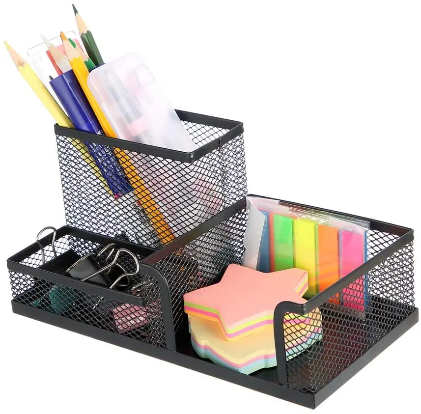 Bonsaii Round Steel Mesh Pen Pencil Desk Holder Organizer 3 Compartments Compartments 1-Pack W6809 Black 