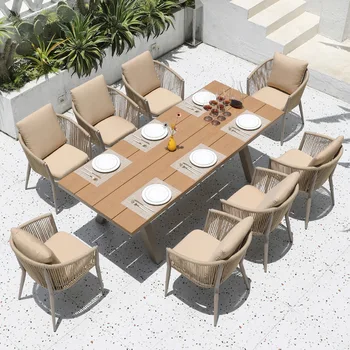 Outdoor Furniture Plywood Dining Table Set Rope Chairs Patio Dining Table And Chair With Cushion