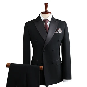 Double Breasted Slim Business Suit Men Flat Front Style Breathable Worsted Viscose/Polyester Anti-Wrinkle Notched Collar Wedding