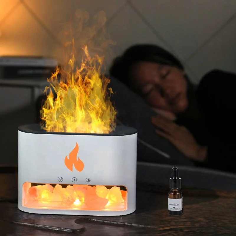 Custom Logo Fire Flame Aroma Diffuser 250Ml Himalayan Crystal Salt Rocks Touchable Flame Air Humidifier Diffuser Essential Oil