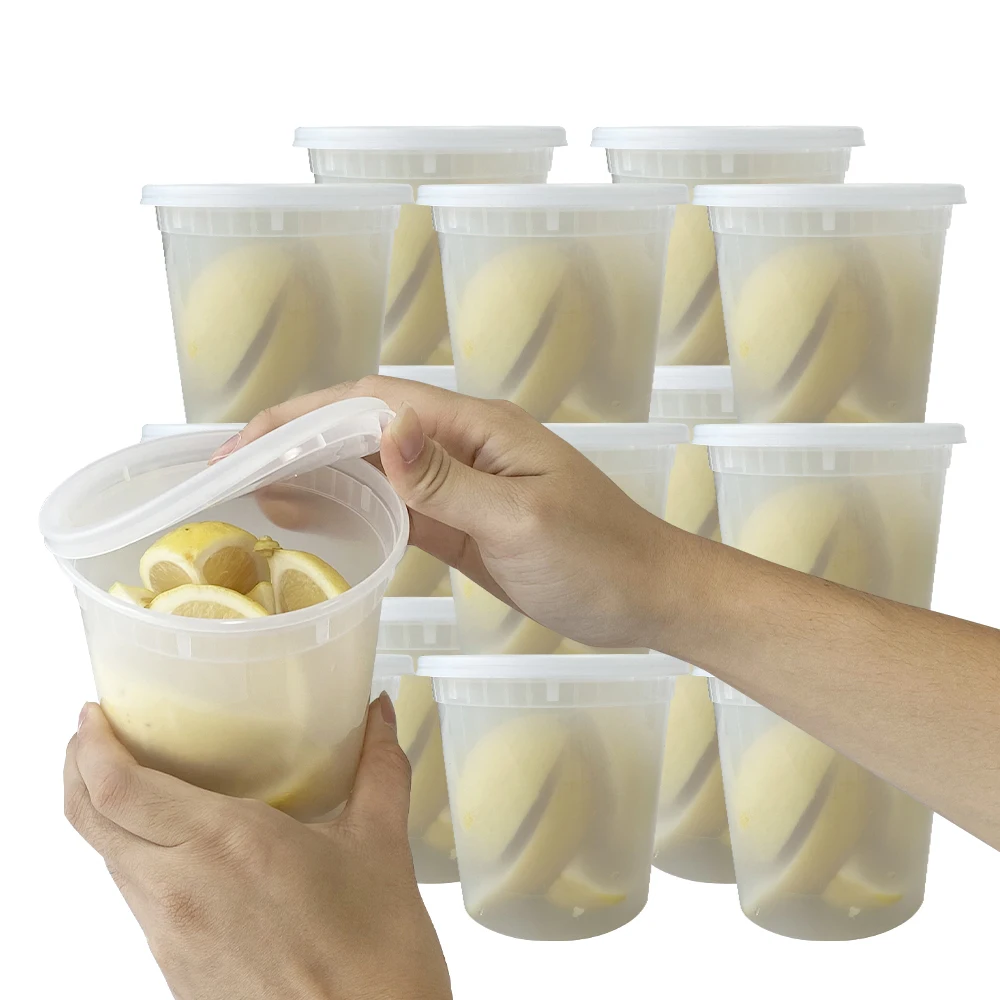 Freezer Safe Food Storage Soup Container Stackable Disposable Plastic Meal Prep Cup Deli Containers with Airtight Lids, 32 oz