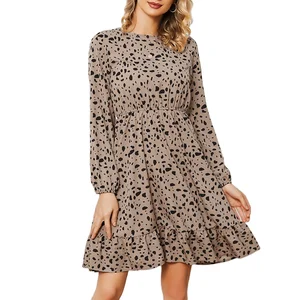 Custom 2026 Long Sleeve Tight Waist Ruffle Bottom Clothing Women Print Dots Casual Dresses