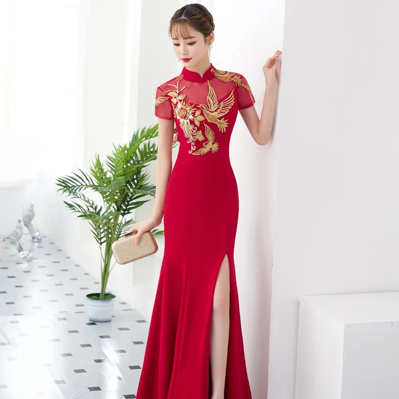 open lace back dress Red Chinese Wedding Dress, Red Qipao Prom Dress, Wedding Qipao Dress Wine Red / L main image 1