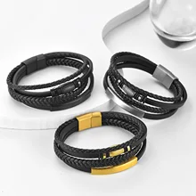 Fast Shipping Creative Magnetic Buckle Leather Bracelet Stainless Steel Jewelry Braided Leather Cord Bracelet Men's Bracelet