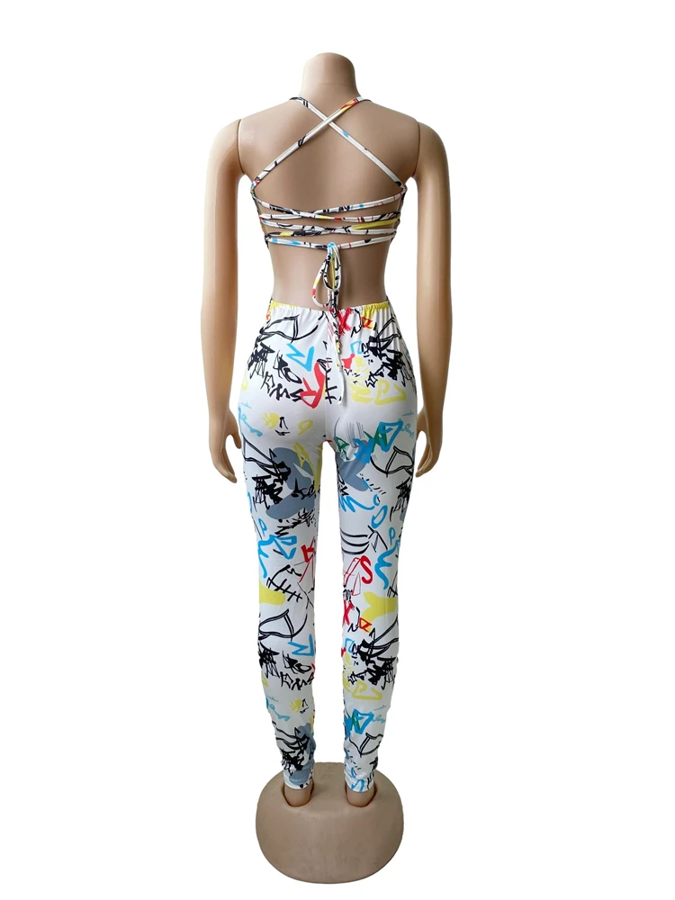 Boutique Female Jumpsuits Sleeveless Graffiti Printed Summer Casual Women Long Rompers