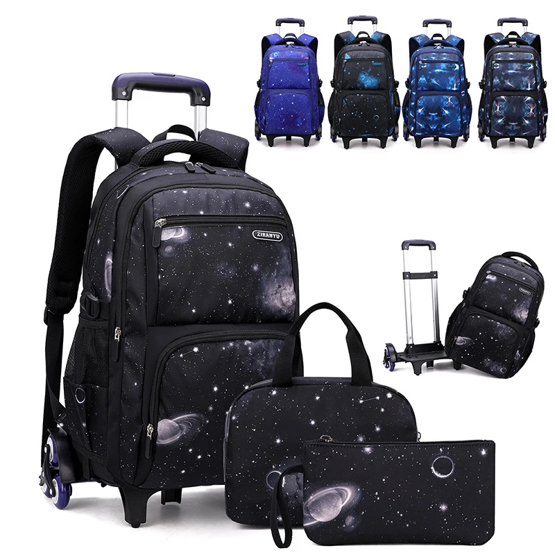 Large Capacity Middle School Three-Piece Set Pull-Pole Stair Climbing Wheels Practical School Bag for Students