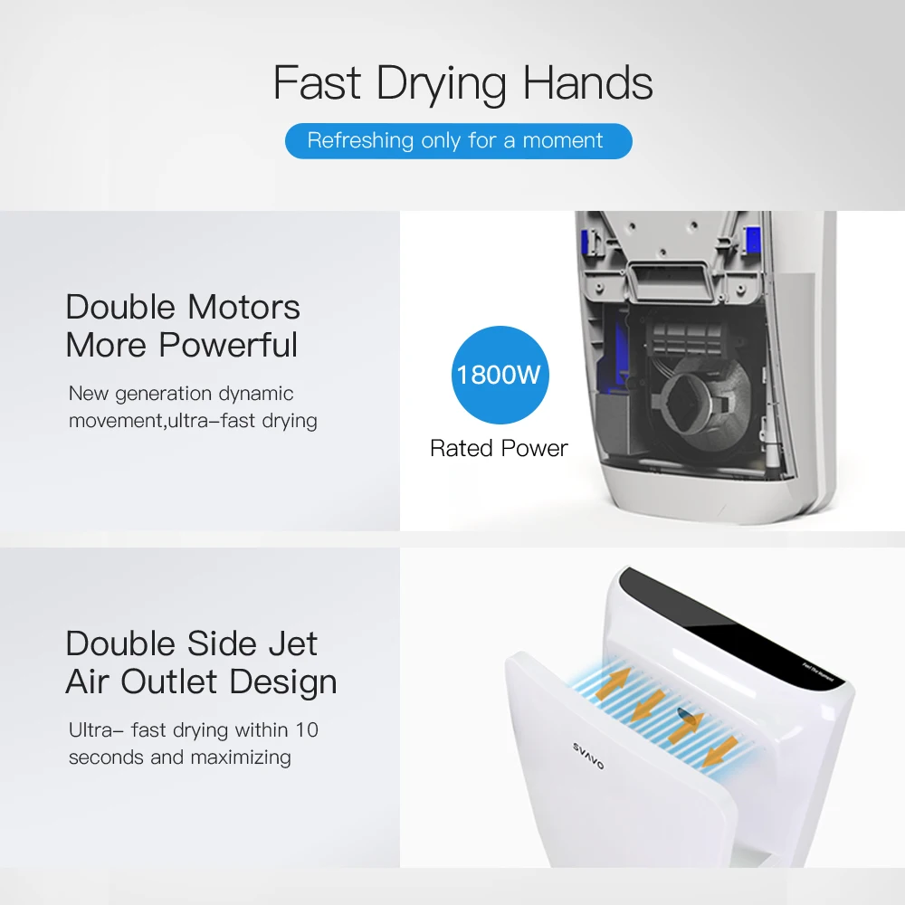 Plastic ABS Infrared Sensor Electric Hand Dryer with Tray Automatic Hand Air Blower for Bathroom Speed Hand Dryer