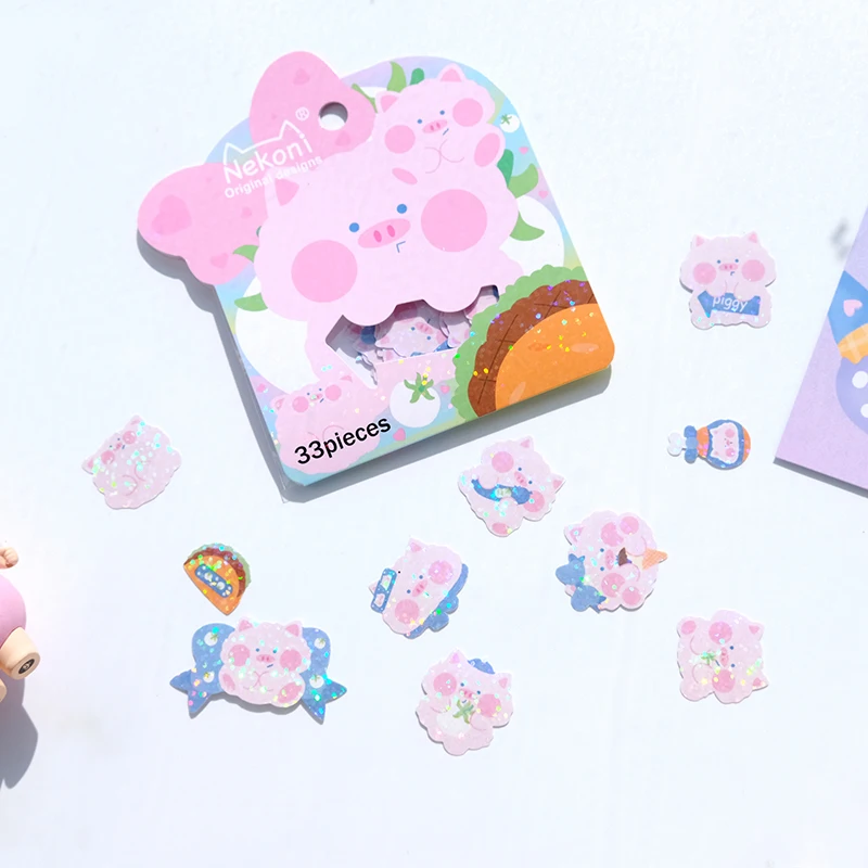 Nekoni Glitter Stickers Flake Kawaii  Laser Flake Stickers Decals Pack Cute Animal Kitty Panda Dog Pig Stickers Decals