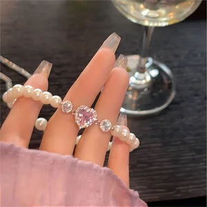 Custom Luxury Imitation Pearl Bracelet Pink Love Zircon Manta Rose  Elastic Rope  Butterfly Charm Fashion Chain & Link Bracelets