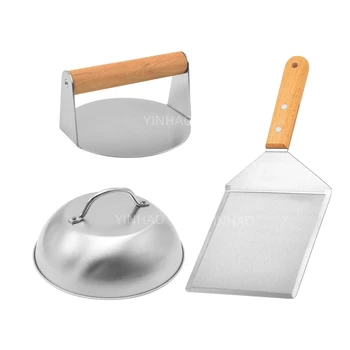 3pcs BBQ Griddle Tools Kit Set Stainless steel Melting Dome Wooden Handle Burger Smasher Grill Spatula Round Smash Burger Press