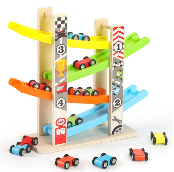 C01847 Wooden Track Car Toys Gliding Cars Race Layers Slider