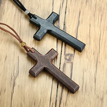 Handmade Vintage Leather Cord Wooden Cross Necklace For Men And Women