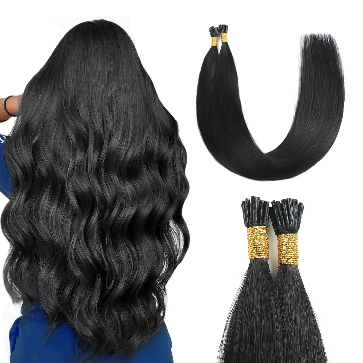 Natürliche schwarze I-Tip-Extensions aus menschlichem Haar_voghion.com